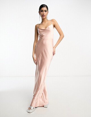 Pretty Lavish Bridesmaid Keisha cowl neck satin maxi dress in blush-AA