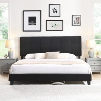 King Size Upholstered Platform Bed Frame with Linen Fabric Headboard, No Box Spring Needed, Wood Slat Support