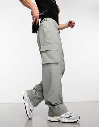 wide leg cargo smart pants with asymmetric waist detail in gray