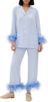 Feather-Embellished Gingham Pajama Set