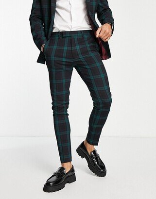 super skinny suit pants in dark green and black tartan