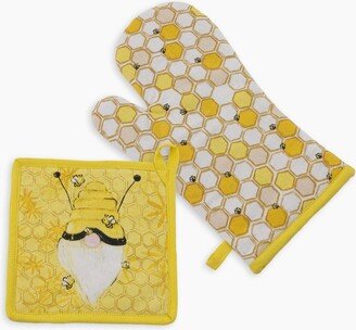 Cute Bee Gnome Oven Mitt Hot Pad Gift Set ~ Pot Holder Tea Towels Vintage Home Decor Honeycomb Bees & Gnomes Spring Kitchen