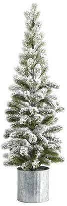 Flocked Christmas Artificial Pine Tree in Tin Planter