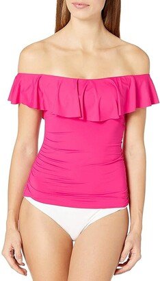 Women's Island Goddess Off Shoulder Ruffle Tankini Swimsuit Top (Pink) Women's Swimwear