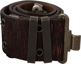 Brown Carving Effect Leather Bronze Metal Women's Belt