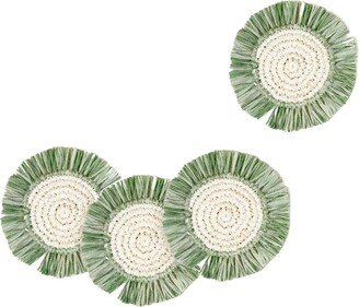 Likhâ Set Of Four, Sage Raffia Round Crochet Coasters With Fringe