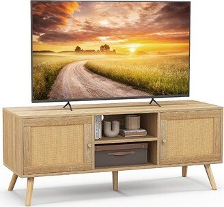 TV Stand for TVs up to 55 PE Rattan Media Console Table w/ 2 Cabinets & Open Shelves Natural