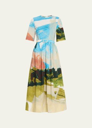 Abstract Landscape Print Flared Midi Dress with Removable Belt