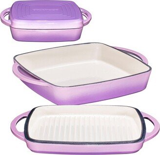 2-in-1 Square Enamel Cast Iron Dutch Oven Baking Pan With Handles, Purple