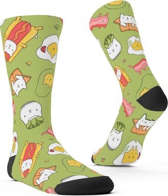 Socks: Cats And Foods Custom Socks, Green