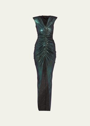 Iridescent Gathered Column Gown w/ Padded Shoulders