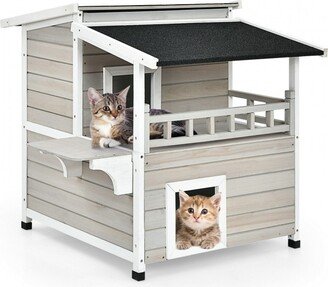 2-Story Wooden Patio Luxurious Cat Shelter House Condo with Large Balcony - 28 x 36 x 33