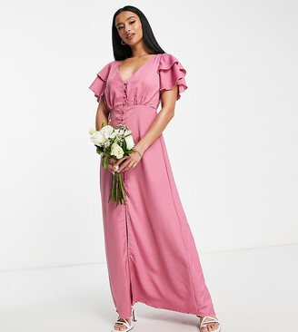 Little Mistress Petite Bridesmaid satin maxi dress with flutter sleeves in dark pink