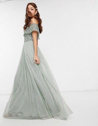 Bridesmaid bardot maxi tulle dress with tonal delicate sequins in sage green