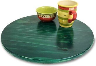 Deep Green Lazy Susan Turntable With Attached Spinner Base, Dark Stained Wooden Round Serving Platter, Food Safe Finish, Multiple