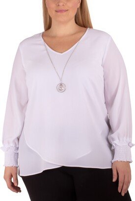 Plus Size Long Sleeve Overlapping Crepe Top with Necklace