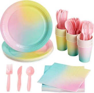 Blue Panda 144 Pieces Disposable Rainbow Dinnerware Set, Pastel Party Supplies and Decorations, (Serves 24 Guests)