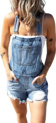 Wafatliotn Women's Raw Hem Ripped Denim Shortall Overalls High Waist Shorts Romper (Blue