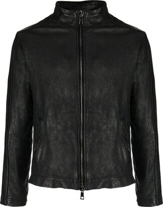 Zip-Up Mock-Neck Leather Jacket