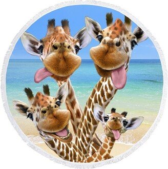 Dawhud Direct 60 x 60 Round Beach Blanket Microfibre Cotton Picnic Towel, Giraffe Selfie