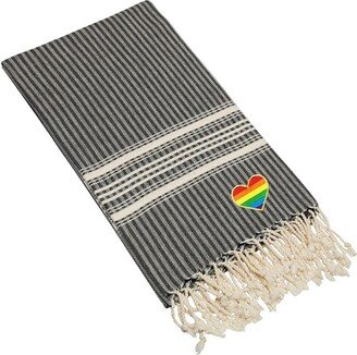 100% Turkish Cotton Luxe Herringbone Cheerful Rainbow Heart Pestemal Beach Towel - Black