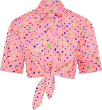 Star Print Front-Tie Cropped Shirt