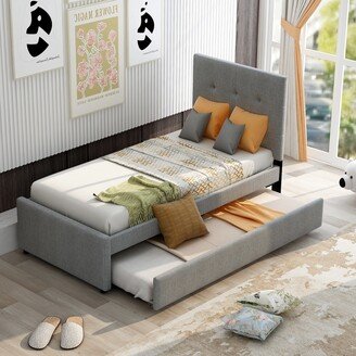 EDWINRAY Linen Upholstered Platform Bed With Headboard and Trundle