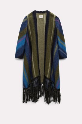 Striped wool blend coat with leather fringe