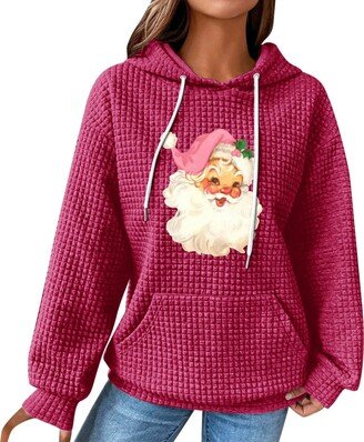 Generic Merry Christmas Hoodie for Women Funny Christmas Patterns Printed Drawstring Hoodie Long Sleeve Tops (Hot Pink-A