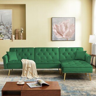 RASOO Velvet Upholstered Reversible Sectional Sofa Bed, L-shaped Couch with Movable Ottoman