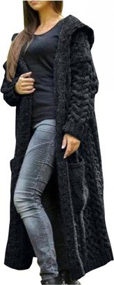 BUKINYE Women's Heavyweight Hooded Sweaters Oversized Open Cardigan Warm Outwear Coat Cable Knit Long Cardigan Sweaters with Pockets(Black