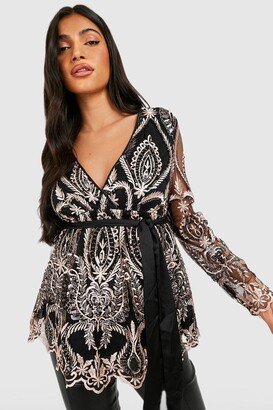 Maternity Damask Sequin Peplum Top