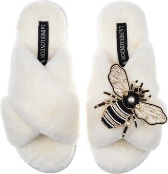 Laines London Classic Laines Slippers With Cream & Gold Bee Brooch - Cream