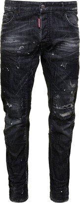 'Tidy Biker' Black Jeans with Rips and Paint Stains in Stretch Cotton Denim Man