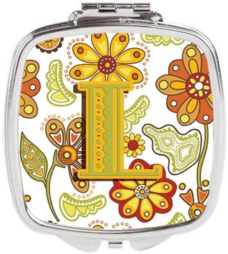 CJ2003-LSCM Letter L Floral Mustard & Green Compact Mirror