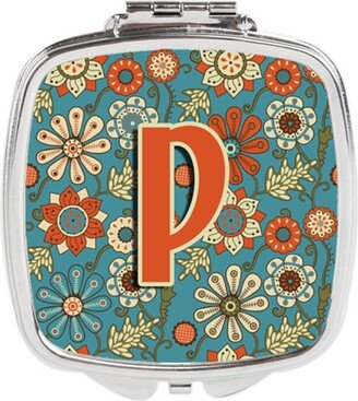 CJ2012-PSCM Letter P Flowers Retro Blue Compact Mirror