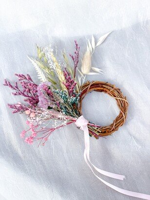 Pink Mini Natural Flower Wood Wreath, Wreath, Tiny Door Wreath, Gift Wrapping Decor Table Mini Wreath