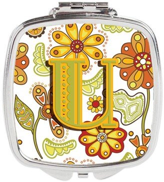 CJ2003-USCM Letter U Floral Mustard & Green Compact Mirror