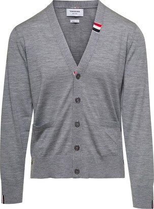 Jersey Stitch Relaxed Fit V Neck Cardigan In Fine Merino Wool W/ Rwb Stripe