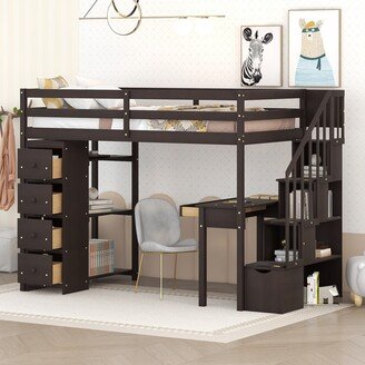 GEROJO Espresso Solid Wood Twin Size Loft Bed with Desk, Storage Drawers, Shelves, and Stairs, Maximized Space, Multifunctional