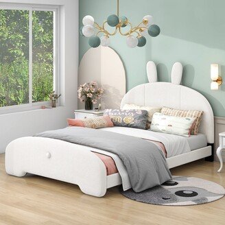 EDWINRAY Full Upholstered Platform Bed with Cartoon Ears Shaped Headboard,White