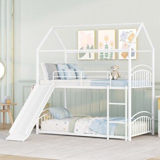 EYIW Twin Over Twin White Metal Bunk Bed with Slide,Kids House Bed