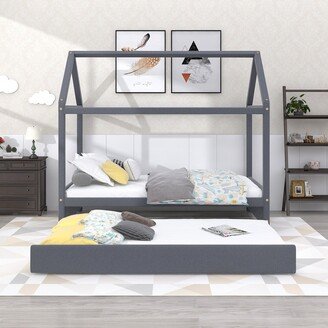 Calnod Twin Size Upholstered House Paltform Bed with Trundle for Kids, Bedroom Wood Bedframe, Space Saving Design, No Need Spring Box