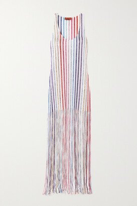 Striped Fringed Metallic Crochet-knit Coverup - White-AA