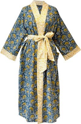 Lime Tree Design Blue Floral Cotton Full Length Kimono