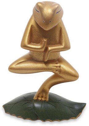 Handmade Wood Statuette, 'Vrkasana Yoga Frog'