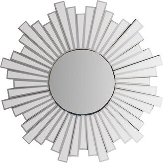 28 Inch Round Floating Wall Mirror with Sunburst Design Frame, Silver - 105 H x 95 W x 1 L