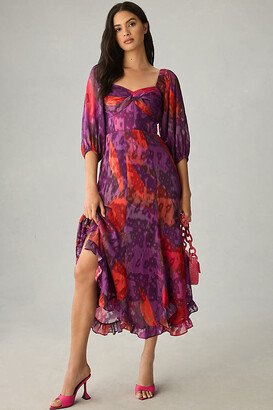 Printed Twist-Front Puff-Sleeve Ruffle-Hem Dress-AA