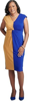Women's Twisted-Front Colorblocked Cap-Sleeve Dress - Royal Blue/gold