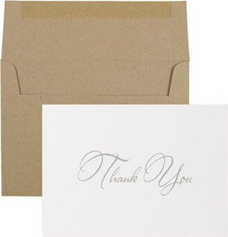 Jam Paper Thank You Card Sets - Silver-Tone Script Cards with Kraft Envelopes - 25 Cards and Envelopes